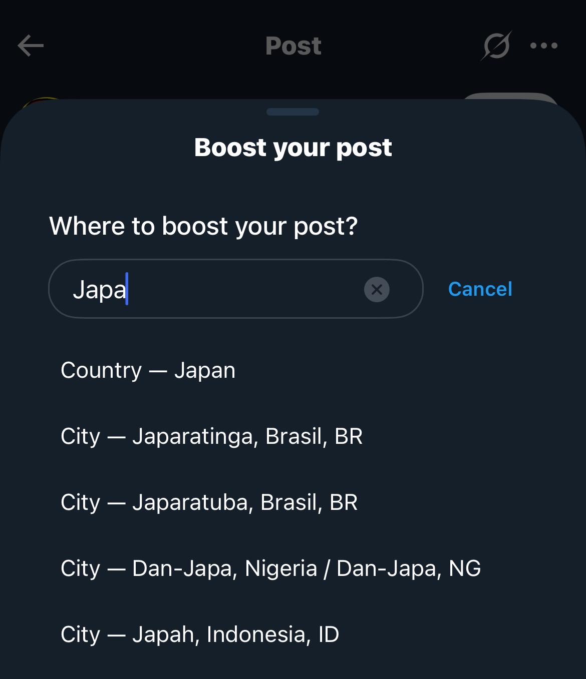 アカウントの投稿をプロモーションするために国を選択する画面。選択肢には日本や他の国が表示されている。